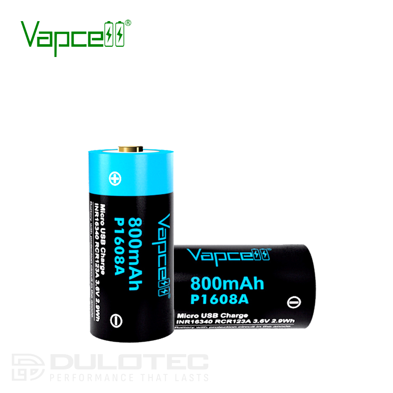 Батерия Vapcell P1608A 16340 800mAh със защита и Micro USB зареждане » Dulotec.BG