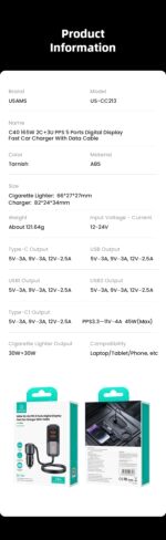 Зарядно за кола, USAMS S-CC213 C40 165W, 2 usb C + 3 usb A PPS, 5 изхода CC213CC01 » Dulotec.BG Зарядно за кола, USAMS S-CC213 C40 165W, 2 usb C + 3 usb A PPS, 5 изхода CC213CC01 » Dulotec.BG